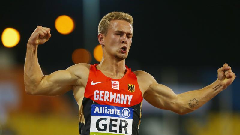 Germany's Johannes Floors celebrates winning the men's 4x100m T42-47 final during Doha 2015.