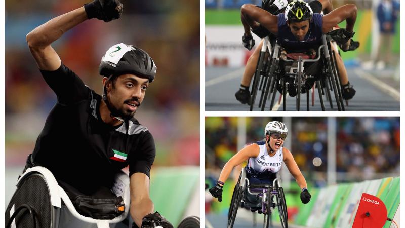 three wheelchair athletes celebrate winning races