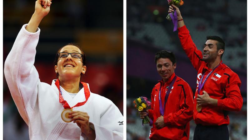 two para athletes celebrate with their gold medals on the podium
