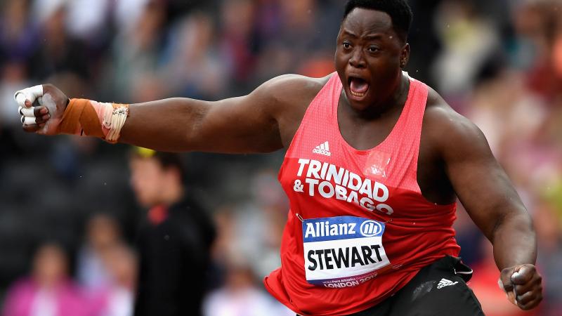 Akeem Stewart of Trinidad and Tobago lets out a roar after smashing the shot put F43 world record.