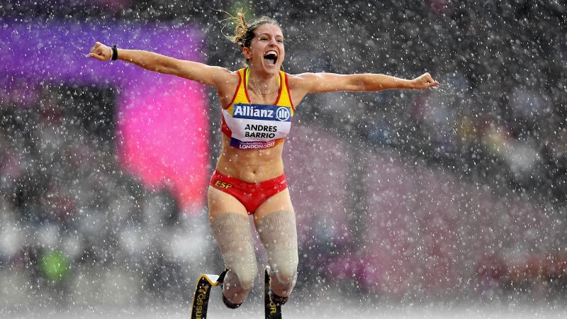 Spain's Sara Andres Barrio celebrates after winning bronze in the women's 200m T44 at London 2017.