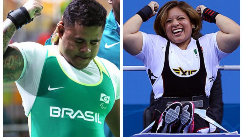 a male and a female powerlifter celebrate their wins