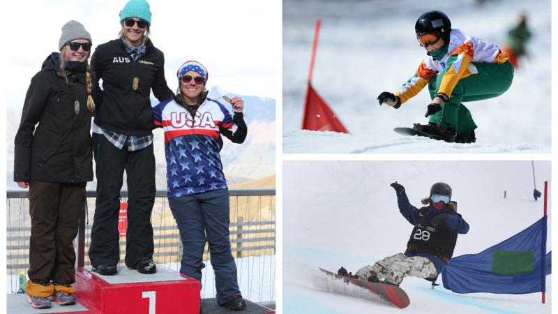 three male and three female Para snowboarders stand on the podium