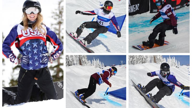 five Para snowboarders on the slopes