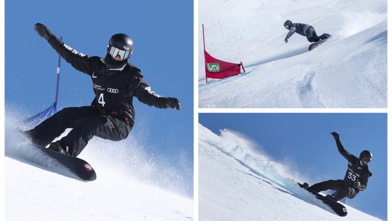 three Para snowboarders ride down a banked slalom course