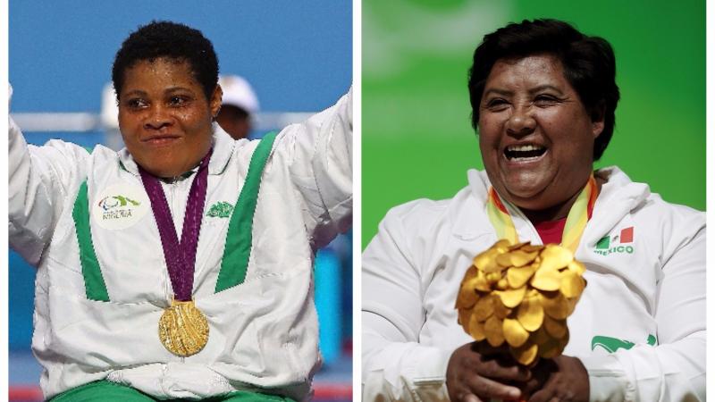 two female Para powerlifters celebrate with their medals