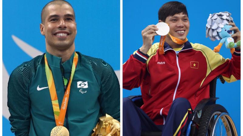 two male Para swimmers smile on the podium