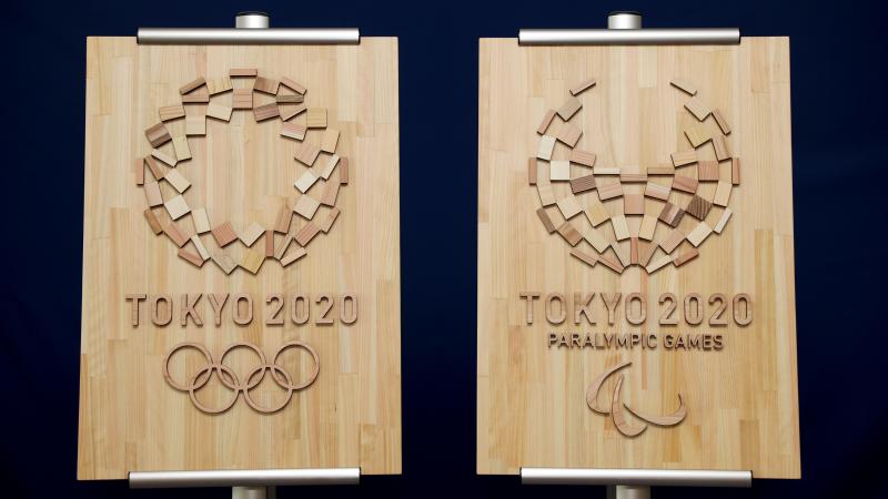 Two wooden emblems for Toyko 2020