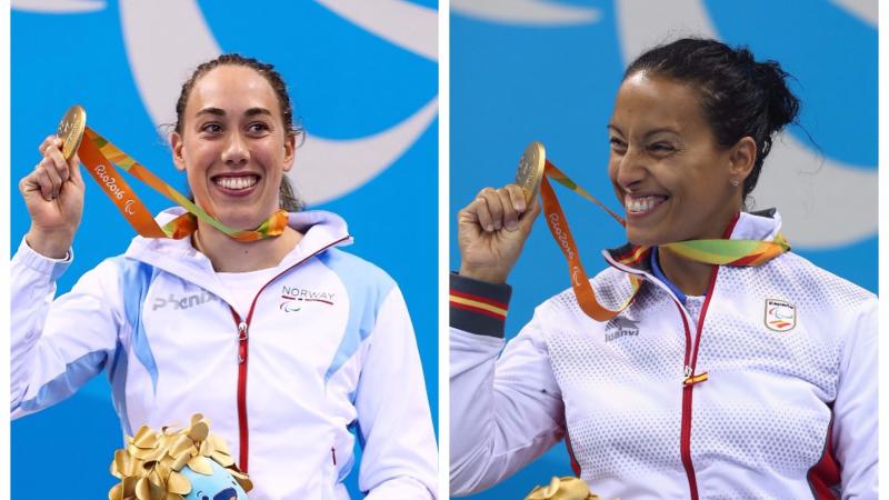 two female Para swimmers hold up their gold medals