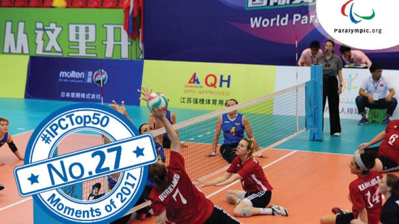 female sitting volleyball players in action on the court