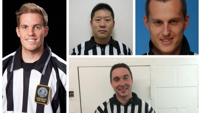 Photo collage of four male ice hockey officials