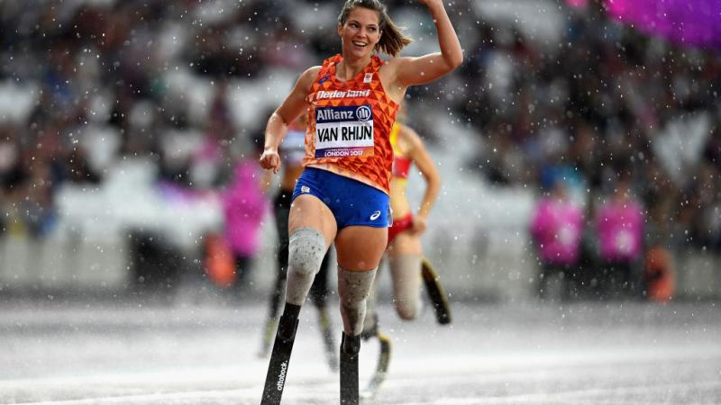 Marlou van Rhijn of Netherlands celebrates after winning gold in the Womens 200m T44 final at the London 2017 World Para Athletics Championships.