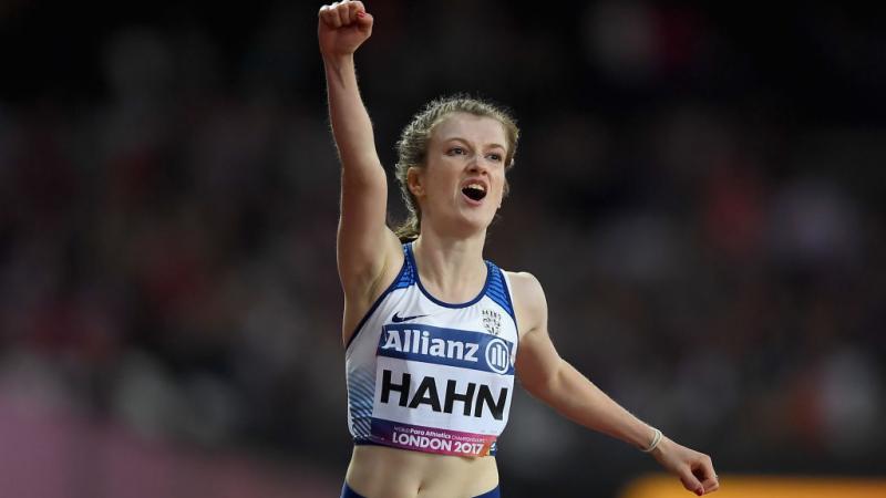 Sophie Hahn of Great Britain celebrates winning the gold medal in the Women's 200m T38 Final at the London 2017 World Para Athletics Championships.