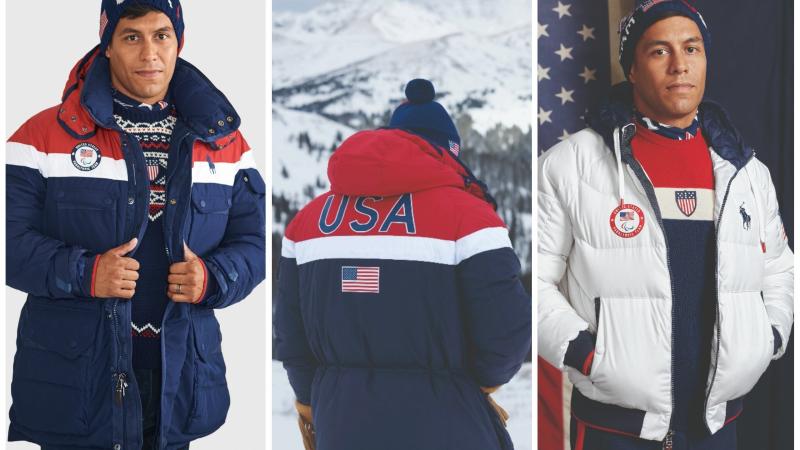 a man modelling winter jackets with the USA logo on them