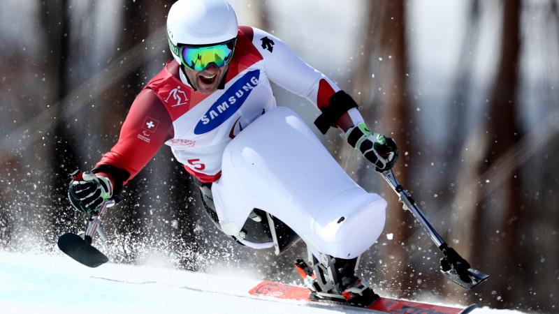 a male sit skier goes down the slope