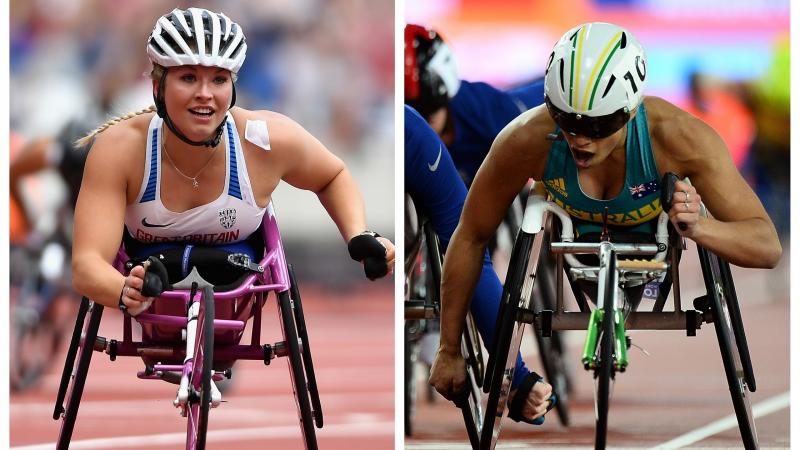 two female wheelchair athletes crossing the line