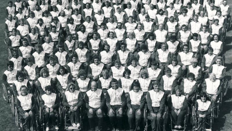 John Clark (second row in the back; fourth from the right) as part of Great Britain's team for the 1984 Paralympics 