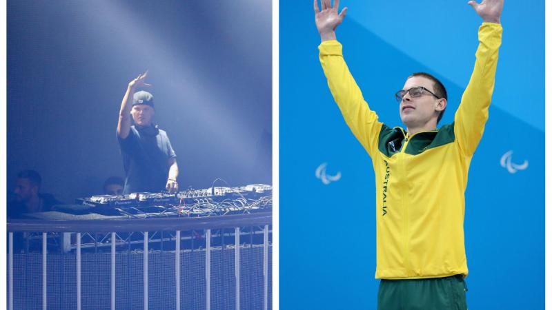 a male DJ at the decks and a swimmer raising his arms on the podium