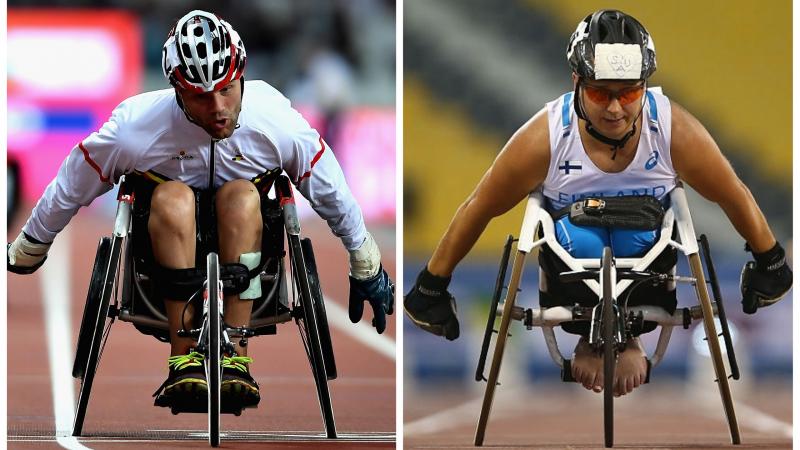 two male wheelchair racers sprint for the line
