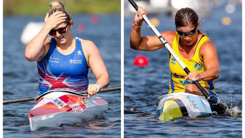 female Para canoeists Charlotte Henshaw and Helena Ripa in their boats on the water
