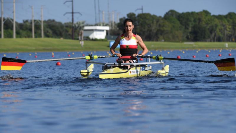 female Para rower Sylvia Pille-Steppat in her boat