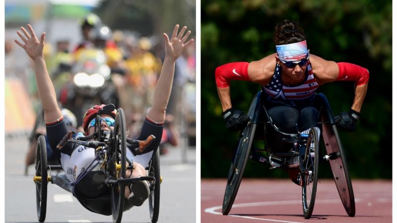 female Para triathletes Christiane Reppe and Kelly Elmlinger racing in a hand-cycle and a wheelchair