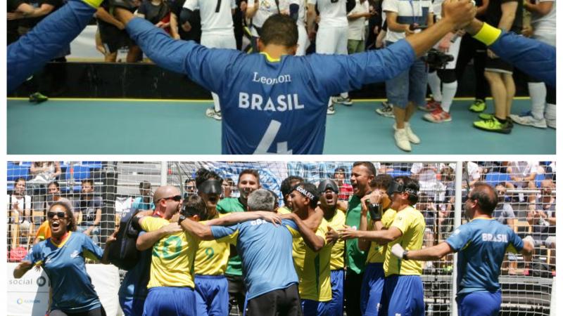 a group of male Brazilian blind footballers and goalball players celebrating wins
