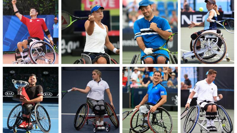 eight wheelchair tennis players in action on the court