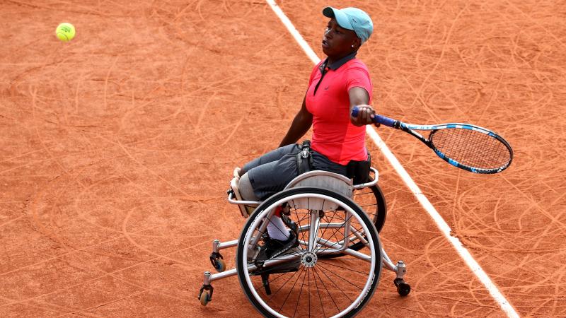 South African wheelchair tennis player Kgothatso-Montjane playing on clay