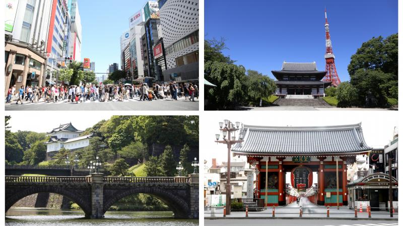 landmarks in Tokyo, including the Tokyo Tower and Imperial Palace