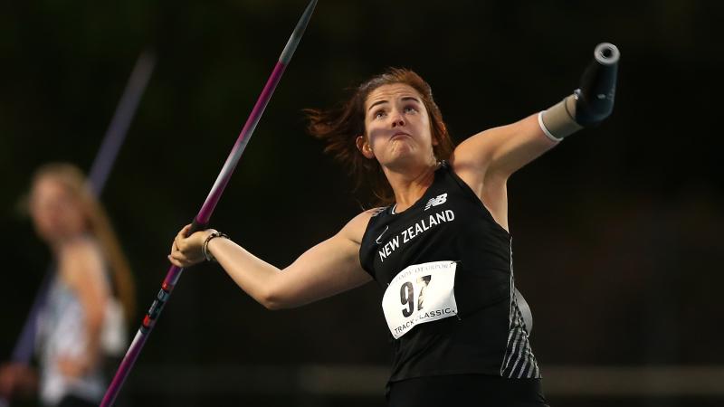 New Zealand's athlete Holly Robinson throwing a javelin during a competition