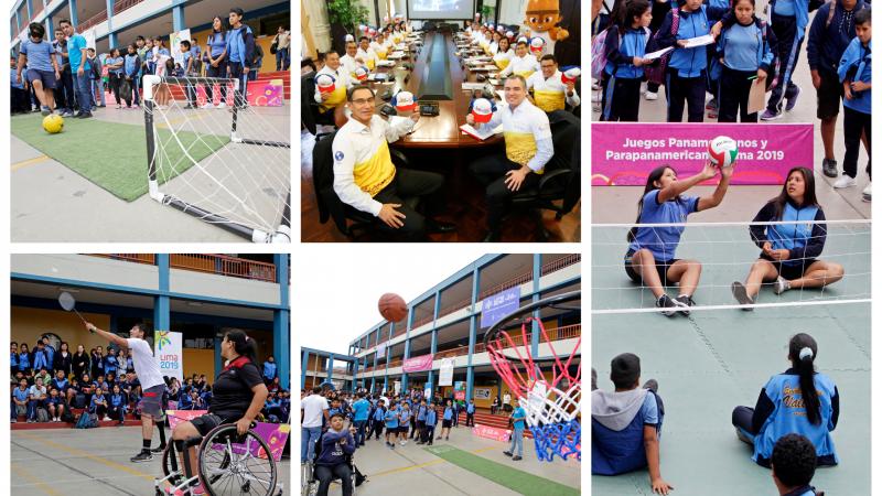 Four photos in a collage showing shoolchildren trying Para sports and one of Peruvian President and his Cabinet of Ministers wearing Lima 2019 gear