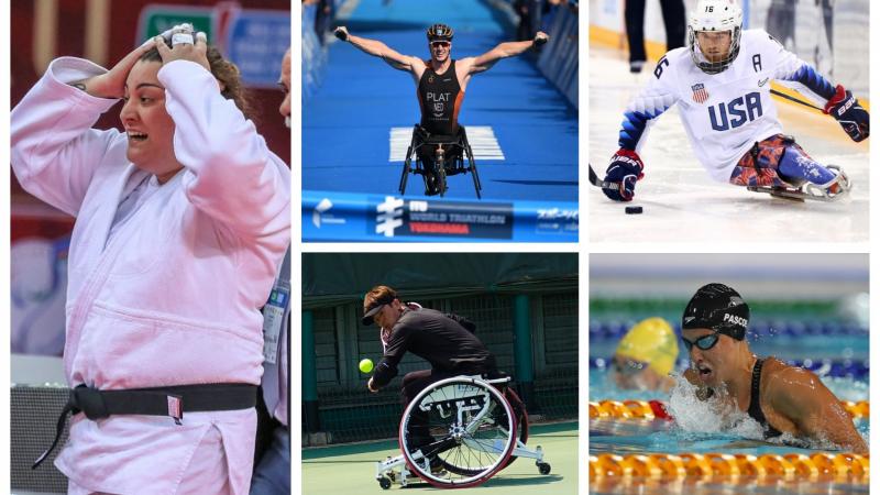 Picture collage of five athletes: swimmer, judoka, wheelchair tennis player, ice hockey player and triathlete