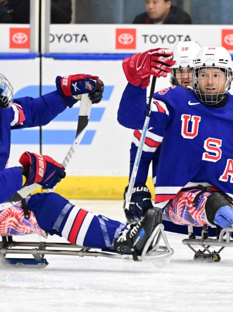Team USA Para ice hockey celebrating a goal