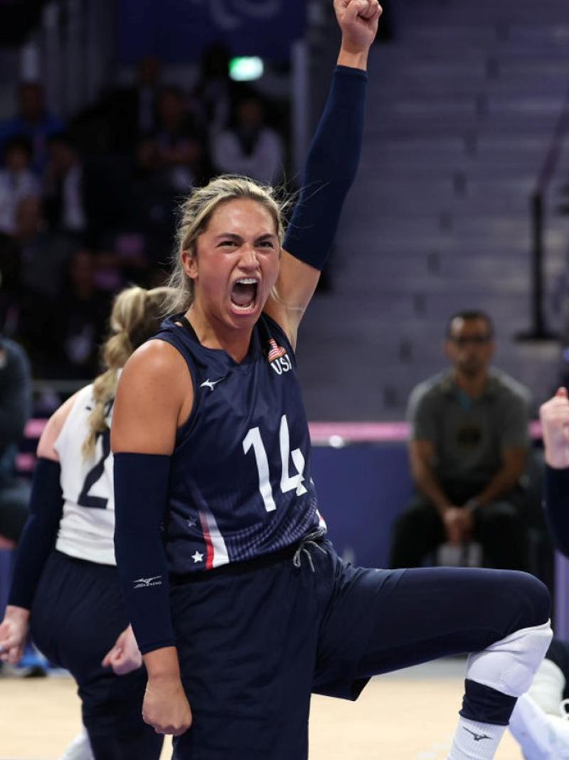 A collaged photo of two female sitting volleyball players at Paris 2024