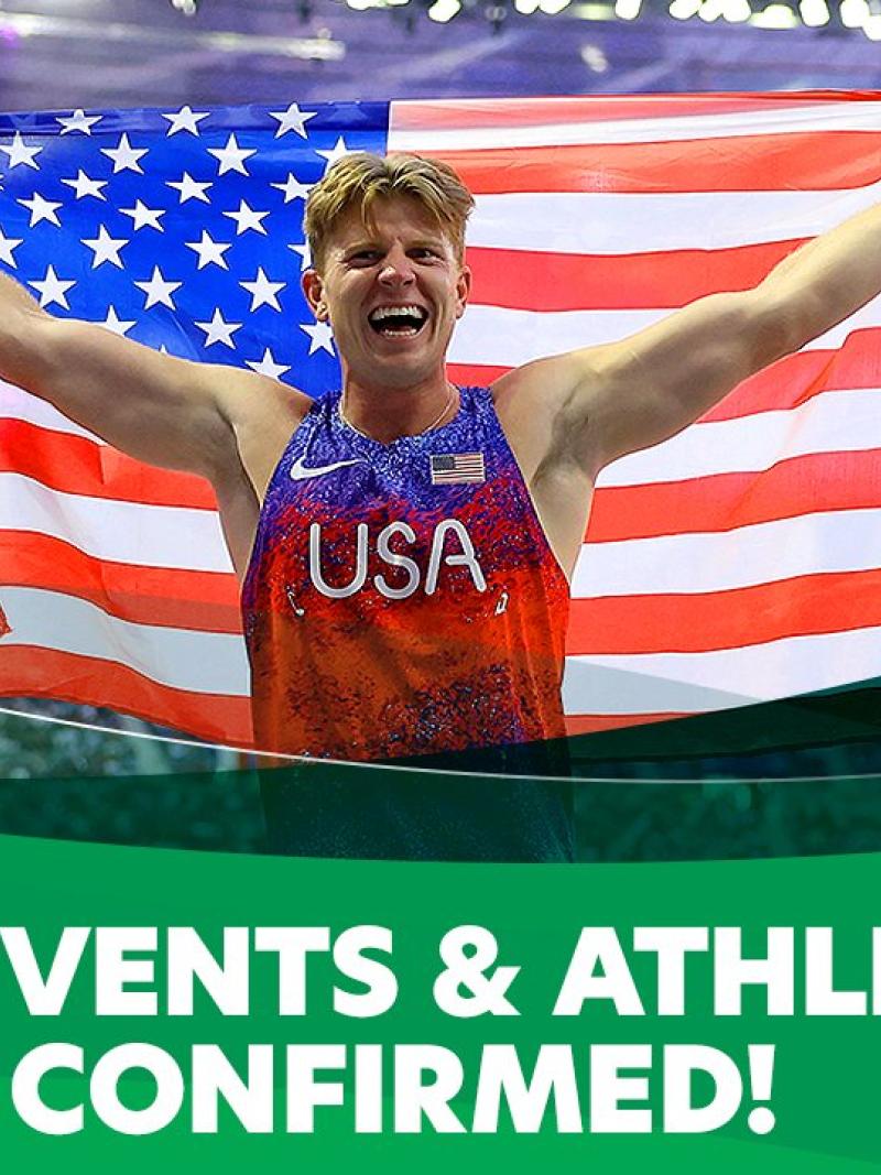 A male sprinter wearing the USA kit is holding the US flag. Texts read "LA28 medal events and athlete quotas confirmed!