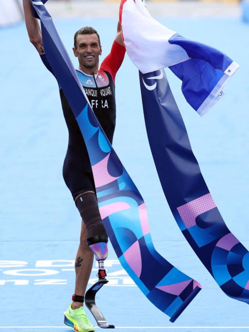 Collaged photo featuring a triathlete celebrating holding the finish tape on the left and a male Para cyclist pumping his fist on the right