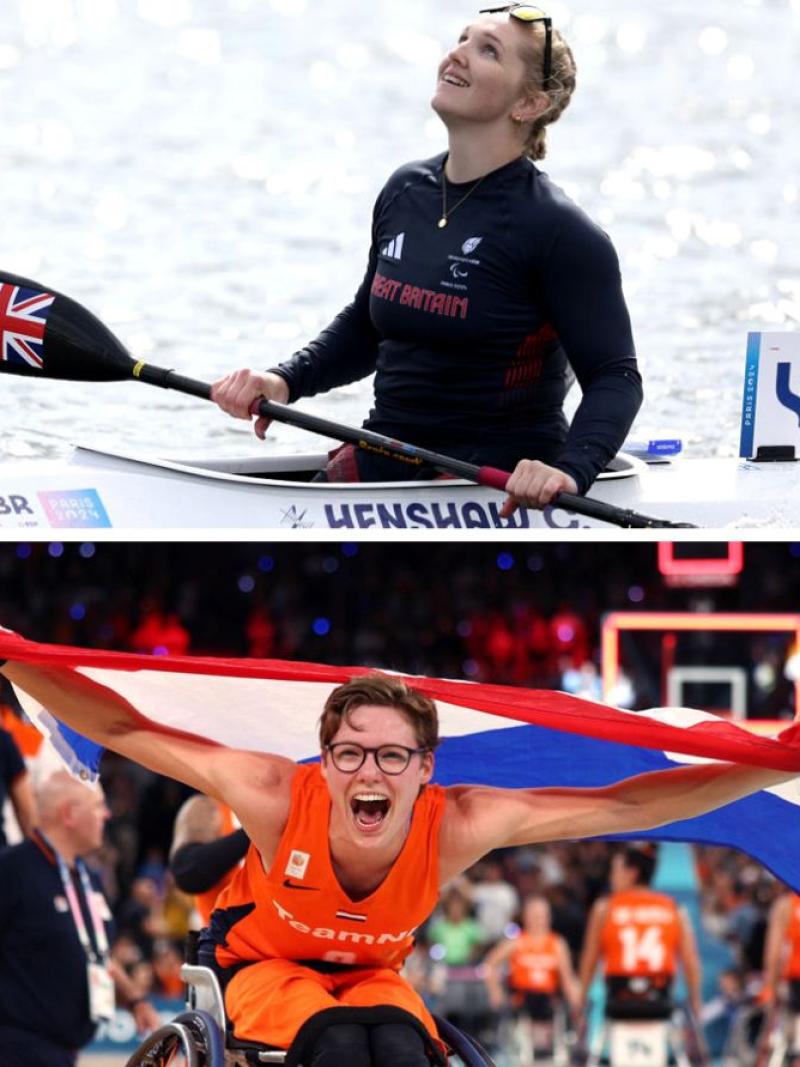 Collaged photo featuring four athletes - a female athlete after a Para canoe competition, a female Para taekwondo athlete kicking her opponent during a match, a female wheelchair basketball player smiling and holding the Dutch flag, and a male Para swimmer on the podium smiling with a gold medal around his neck