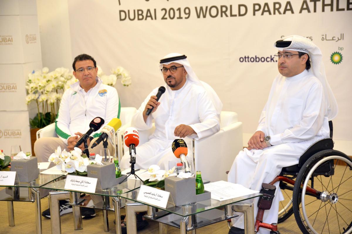 From right Thani Juma Berregad, Chairman of the Dubai 2019 Organising Committee; Majid Al Usaimi, Executive Director of Dubai 2019. and Tarek Souei Head of Sports Committee