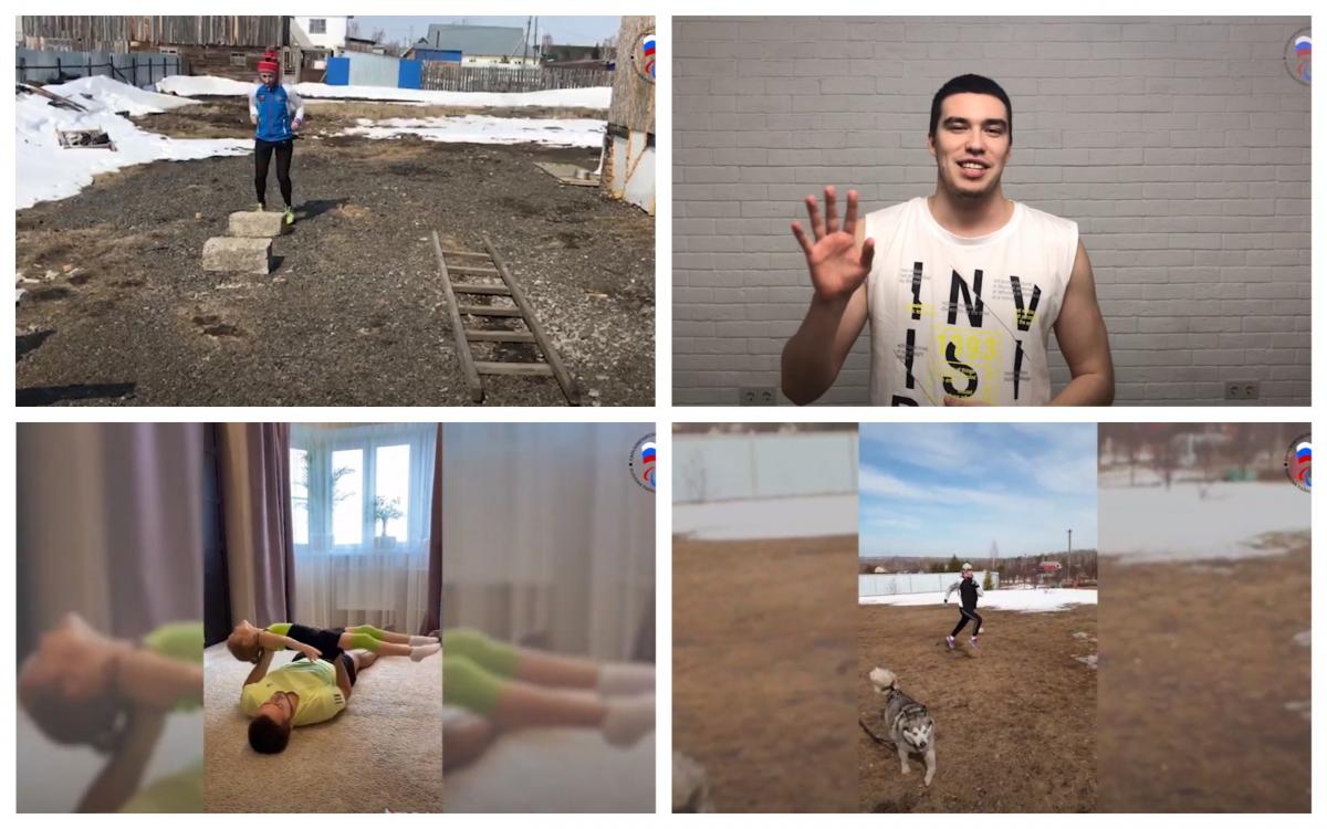 Photo collage of four Russian athletes doing home workouts