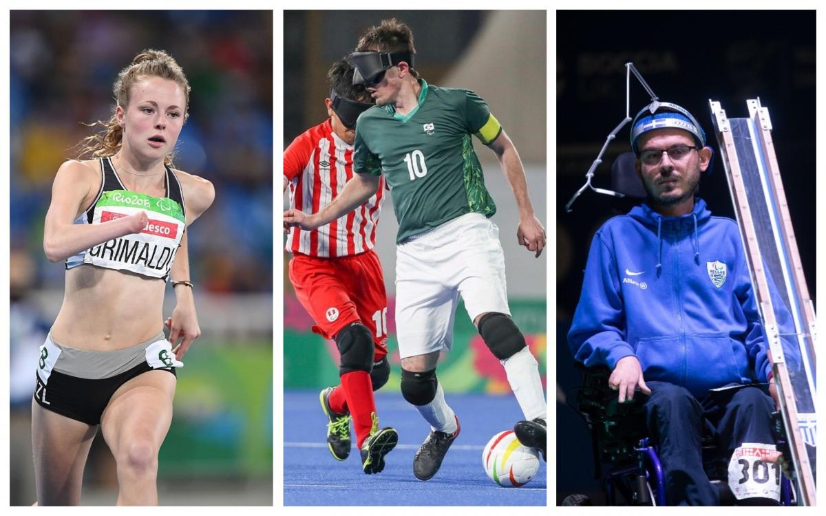 Photo collage of three athletes - a sprinter, boccia player and blind footballer