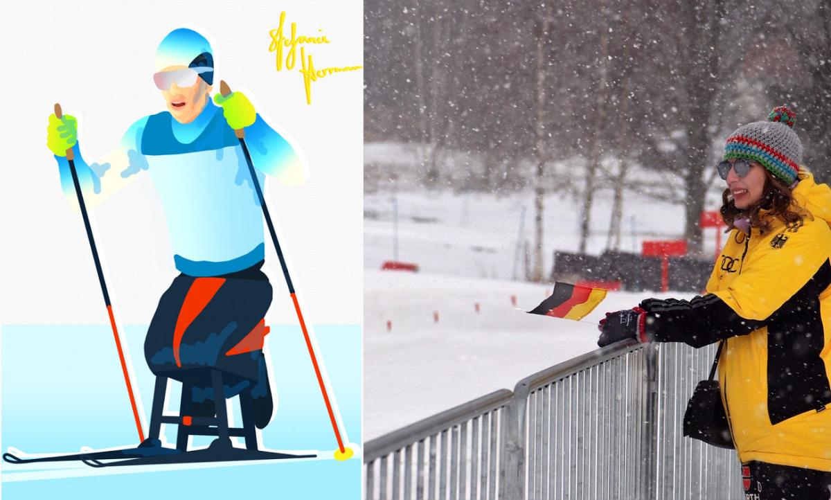 A picture of a woman in a snowy day on the right side and an artwork of a sit-skier on the left side