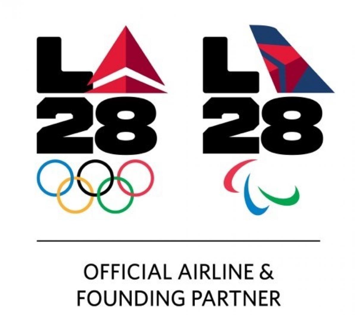 Emblems of the LA28 Olympic and Paralympic Games integrated with the logos of Delta Air Lines