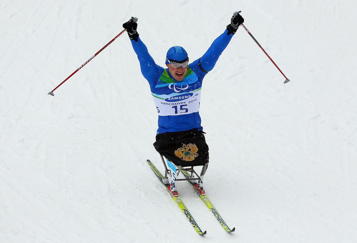 Irek Zaripov celebrating after winning a race at the Vancouver 2010 Paralympic Winter Games
