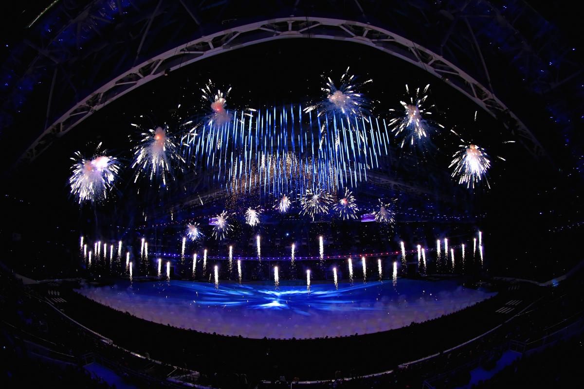 Fireworks go off to mark the beginning of the Opening Ceremony of the Sochi 2014 Paralympic Winter Games