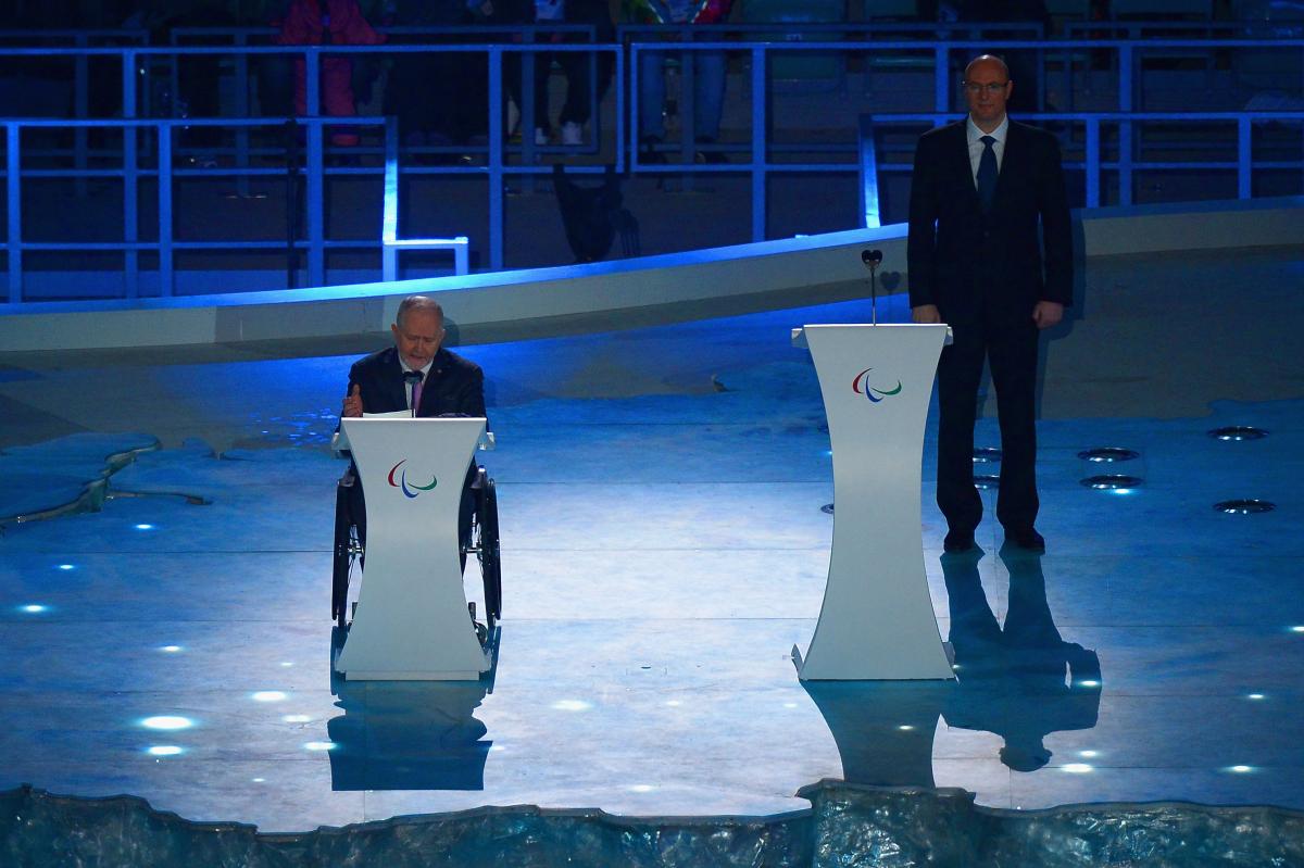 Sir Phillip Craven, IPC president speaks during the Opening Ceremony of the Sochi 2014 Paralympic Winter Games