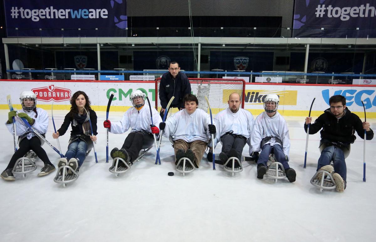 Seven people tried ice sledge hockey at a demonstration event organised by the Croatian NPC in December 2014.
