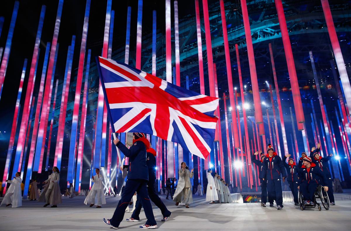 Great Britain enters the arena lead by flag bearer Millie Knight during the Opening Ceremony of the Sochi 2014 Paralympic Winter Games