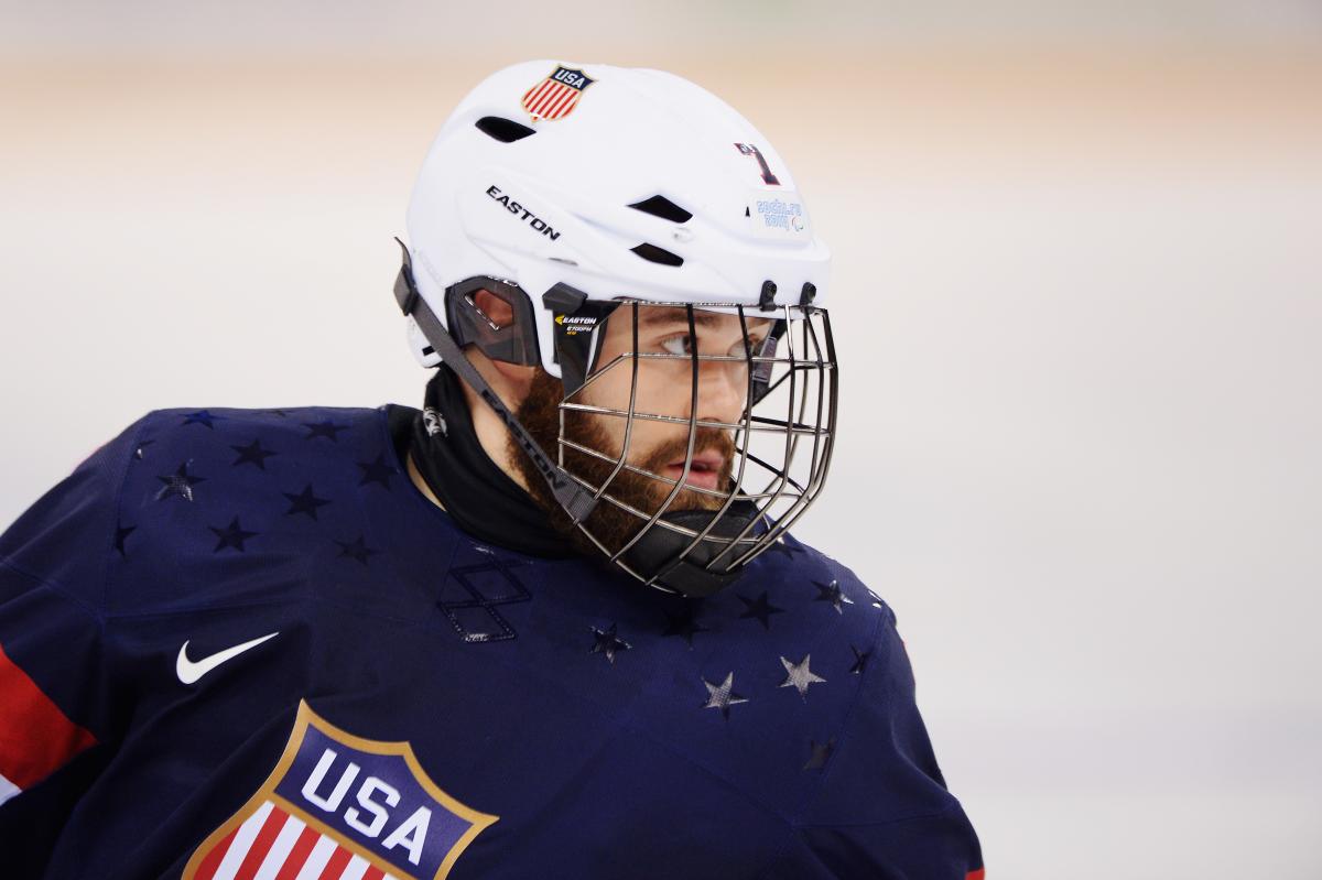 Taylor Lipsett of the United States looks on during the Ice Sledge Hockey Preliminary Round Group A match between the United States of America and Italy at Shayba Arena, Sochi, Russia