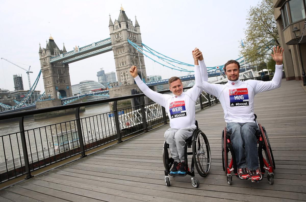 David Weir and Marcel Hug attend the photocall for the 2015 IPC Athletics Marathon World Championships at Tower Hotel.